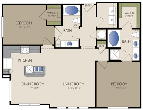 Floor plan for 2 beds, 2 baths, 1176 sqft